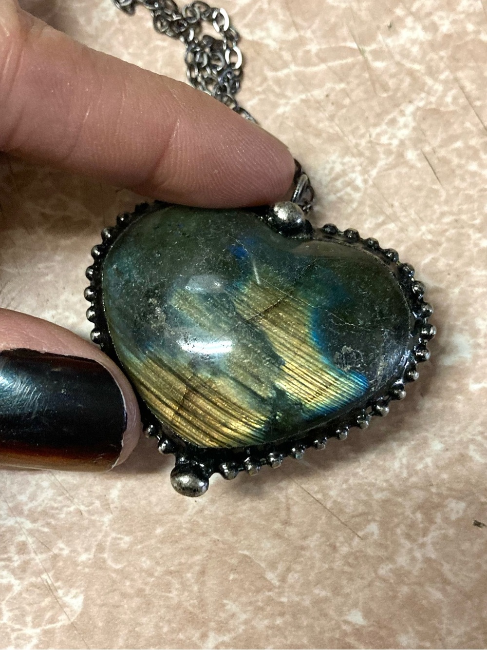 Genuine iridescent labradorite gemstone heart shape charm boho choker necklace . - Picture 3 of 10